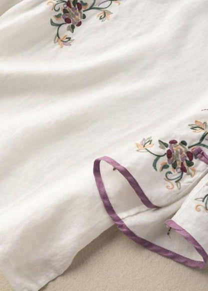 White Embroideried Button Blouse Tops Half Sleeve