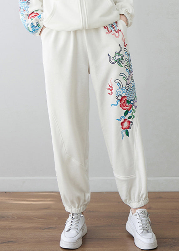 White Embroideried High Waist Pockets Beam Pants Fall