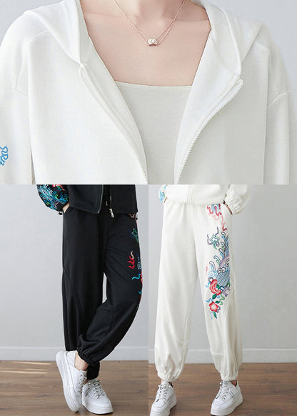 White Embroideried High Waist Pockets Beam Pants Fall