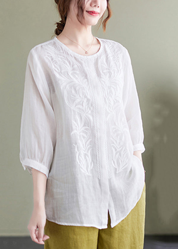 White Embroideried Oversized Linen Shirt Summer