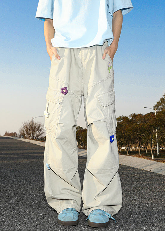 White Embroideried Pockets Cotton Pants Summer