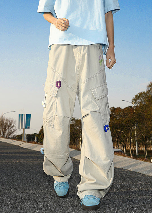 White Embroideried Pockets Cotton Pants Summer