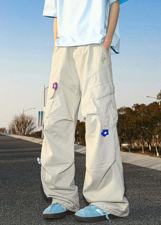White Embroideried Pockets Cotton Pants Summer