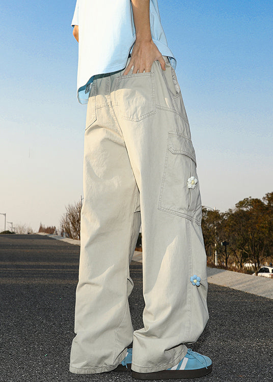 White Embroideried Pockets Cotton Pants Summer