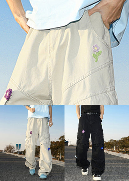 White Embroideried Pockets Cotton Pants Summer