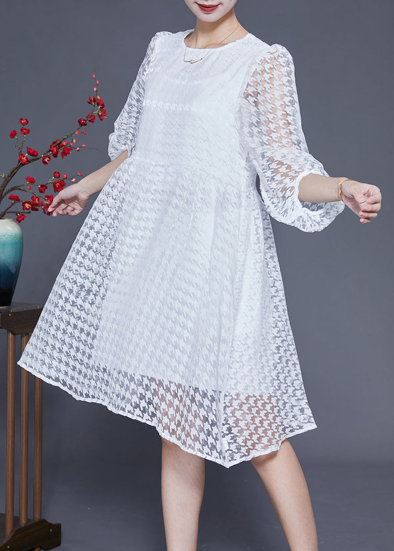 White Hollow Out Exra Large Hem Tulle Maxi Dress Puff Sleeve