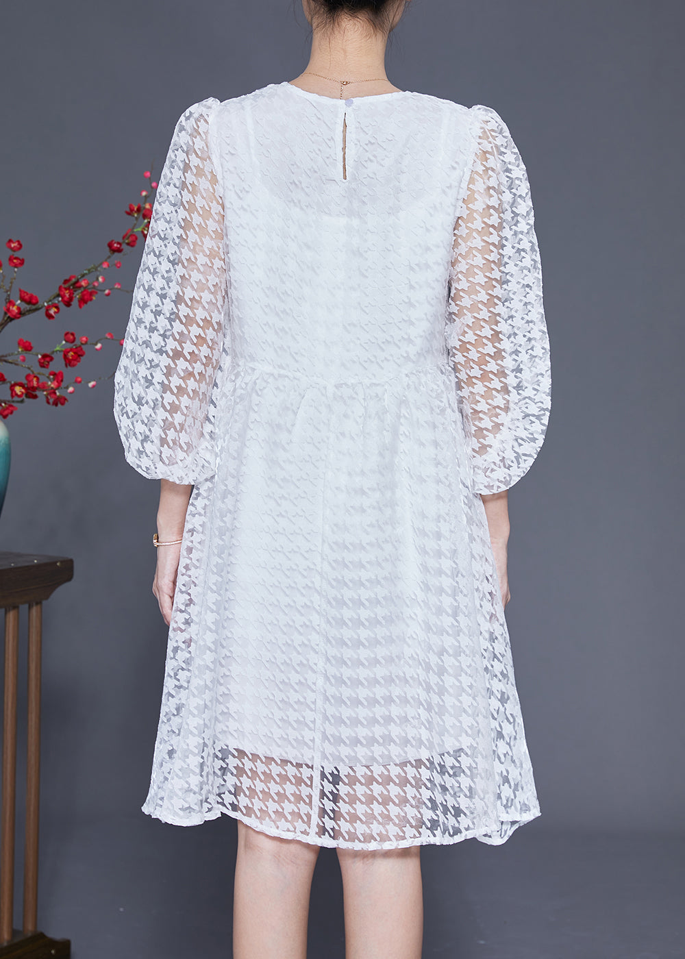 White Hollow Out Exra Large Hem Tulle Maxi Dress Puff Sleeve
