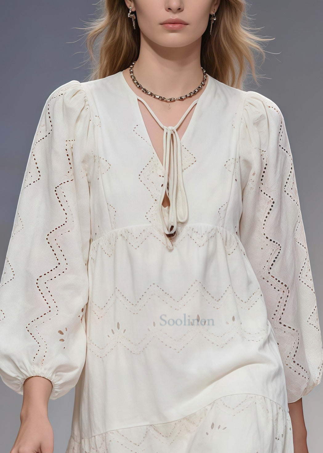 White Hollow Out Tie Neck Cotton Long Dresses Spring