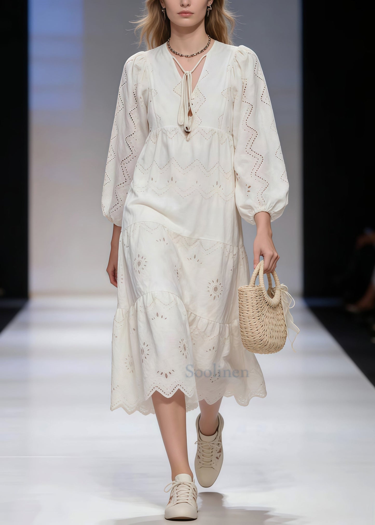 White Hollow Out Tie Neck Cotton Long Dresses Spring