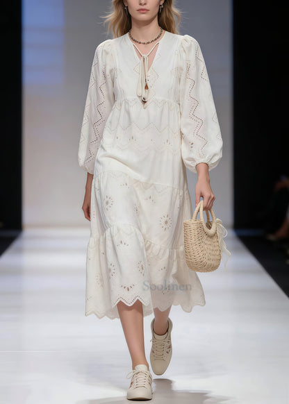 White Hollow Out Tie Neck Cotton Long Dresses Spring
