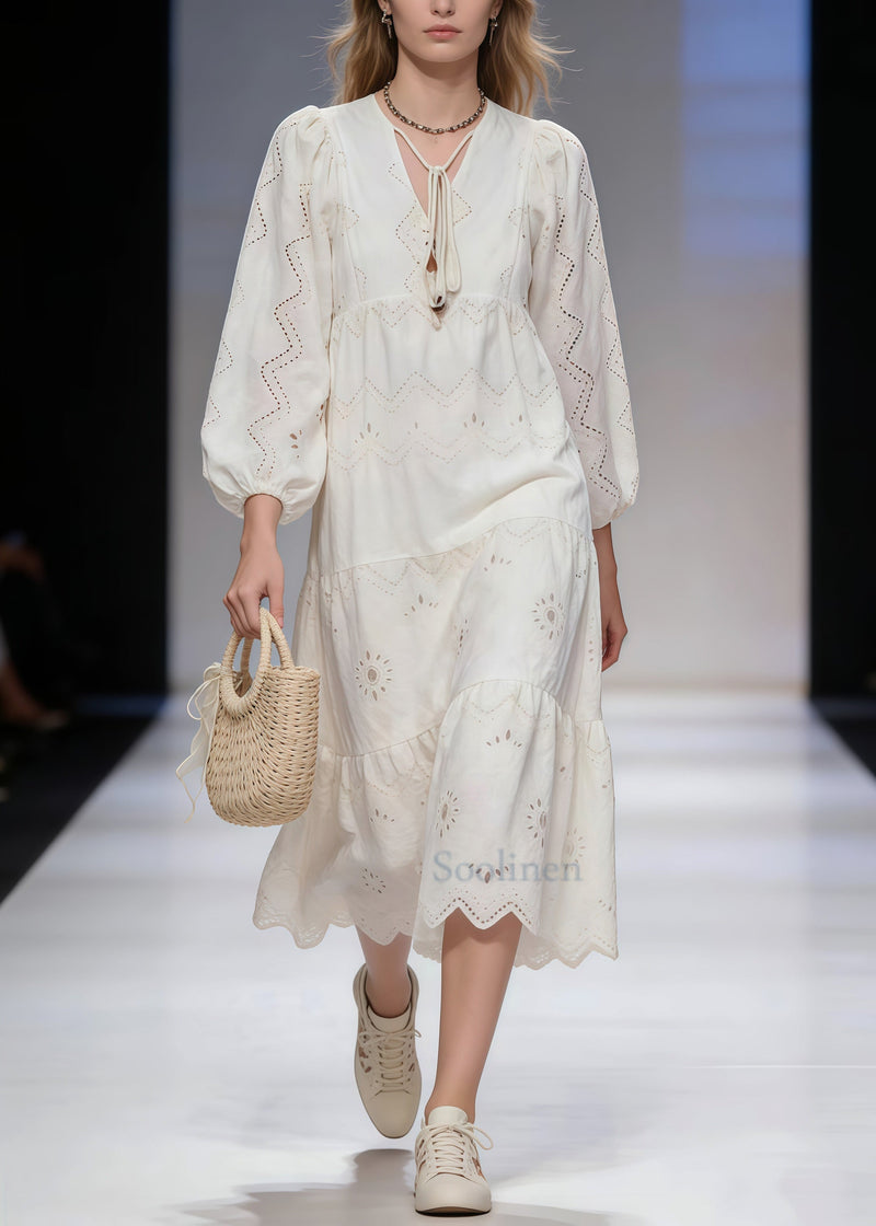 White Hollow Out Tie Neck Cotton Long Dresses Spring