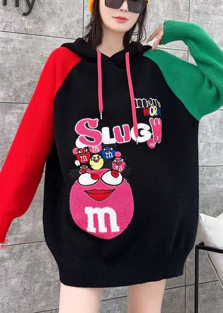 White Hooded Cartoon Print Knit Top Spring