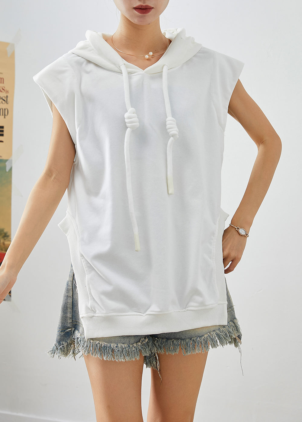 White Hooded Drawstring Side Open Cotton Sweatshirts Top Sleeveless