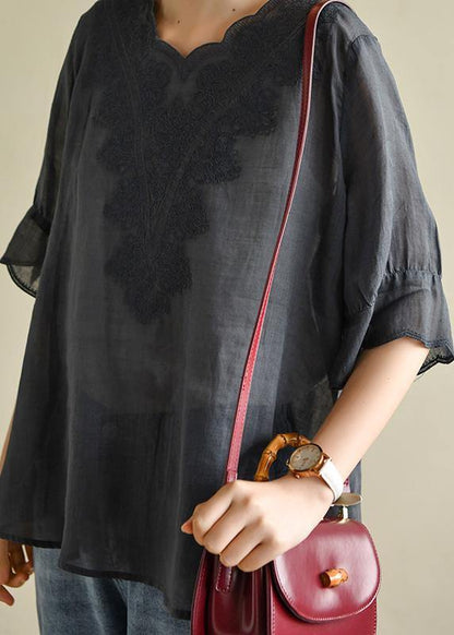 White Lace Linen Short Sleeve Blouses
