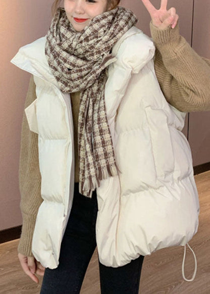 White Loose Stand Collar Pockets Winter Puffer Vest