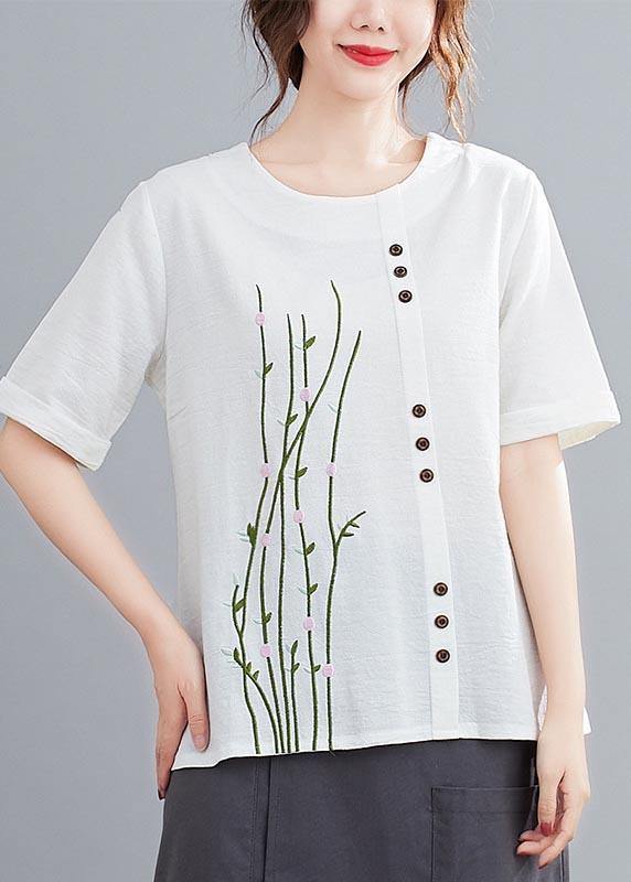 White O-neck Button Shirt Tops Summer Cotton Linen