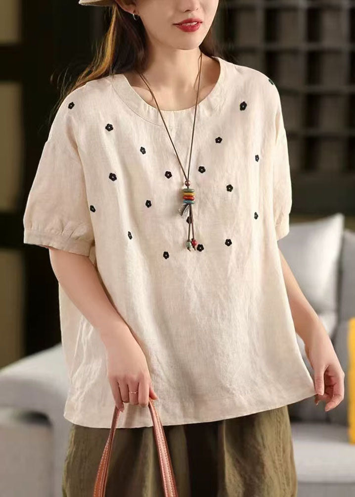 White O-neck Embroideried Linen Tops Summer