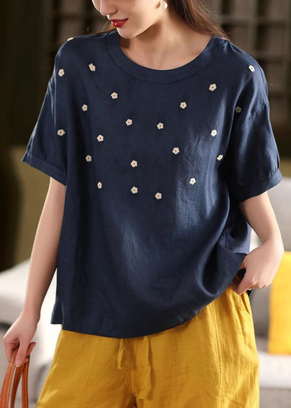 White O-neck Embroideried Linen Tops Summer