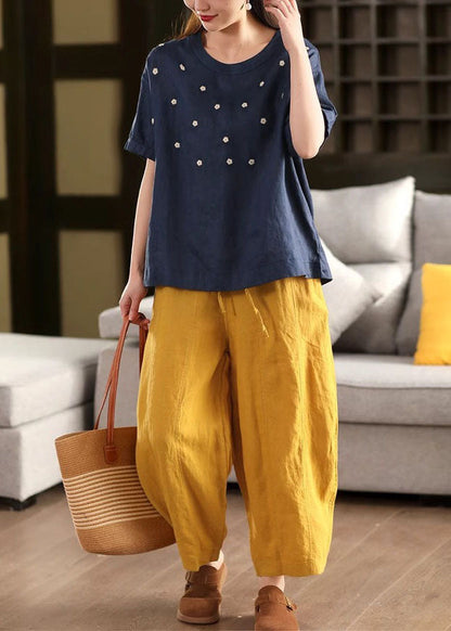 White O-neck Embroideried Linen Tops Summer
