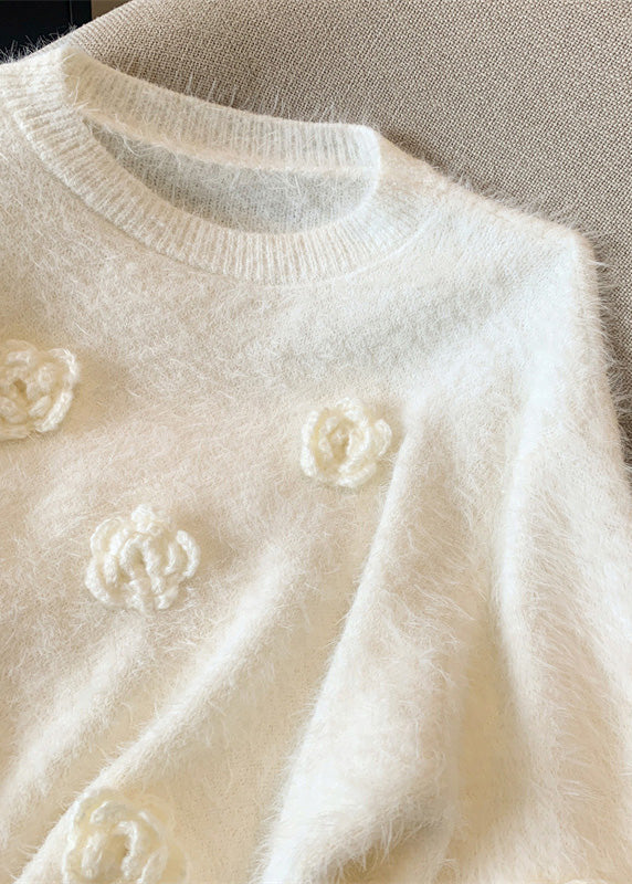 White O-neck Mink Hair Knitted Sweaters Spring