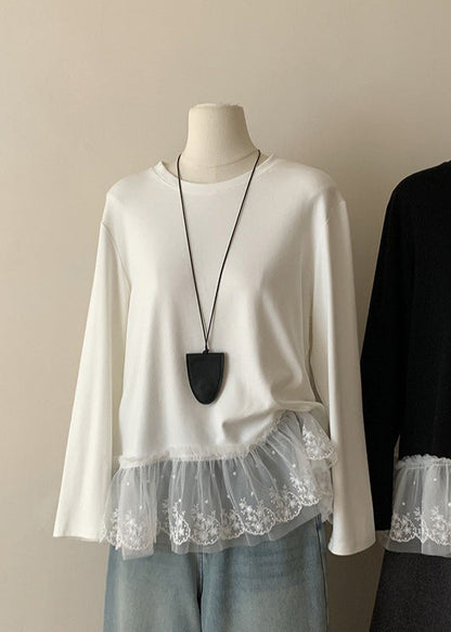 Casual White O Neck Lace Patchwork Cotton T Shirts Top Spring