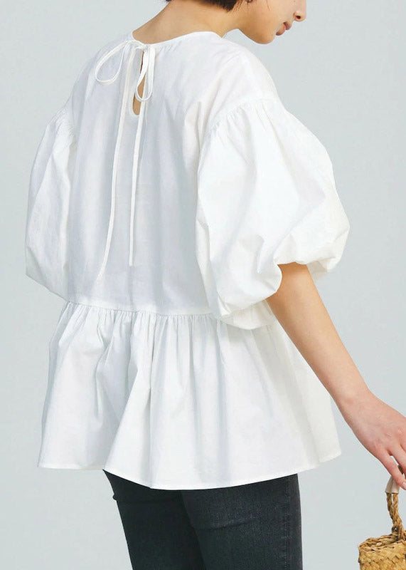 White O-neck Patchwork Cotton Shirt Puff Sleeve