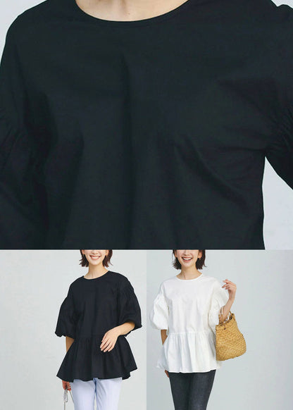 White O-neck Patchwork Cotton Shirt Puff Sleeve