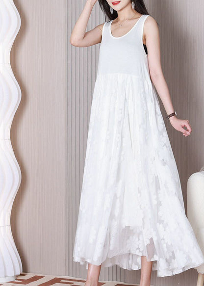 White O-neck Patchwork Lace Ankle Dress Sleeveless