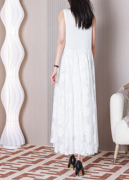 White O-neck Patchwork Lace Ankle Dress Sleeveless