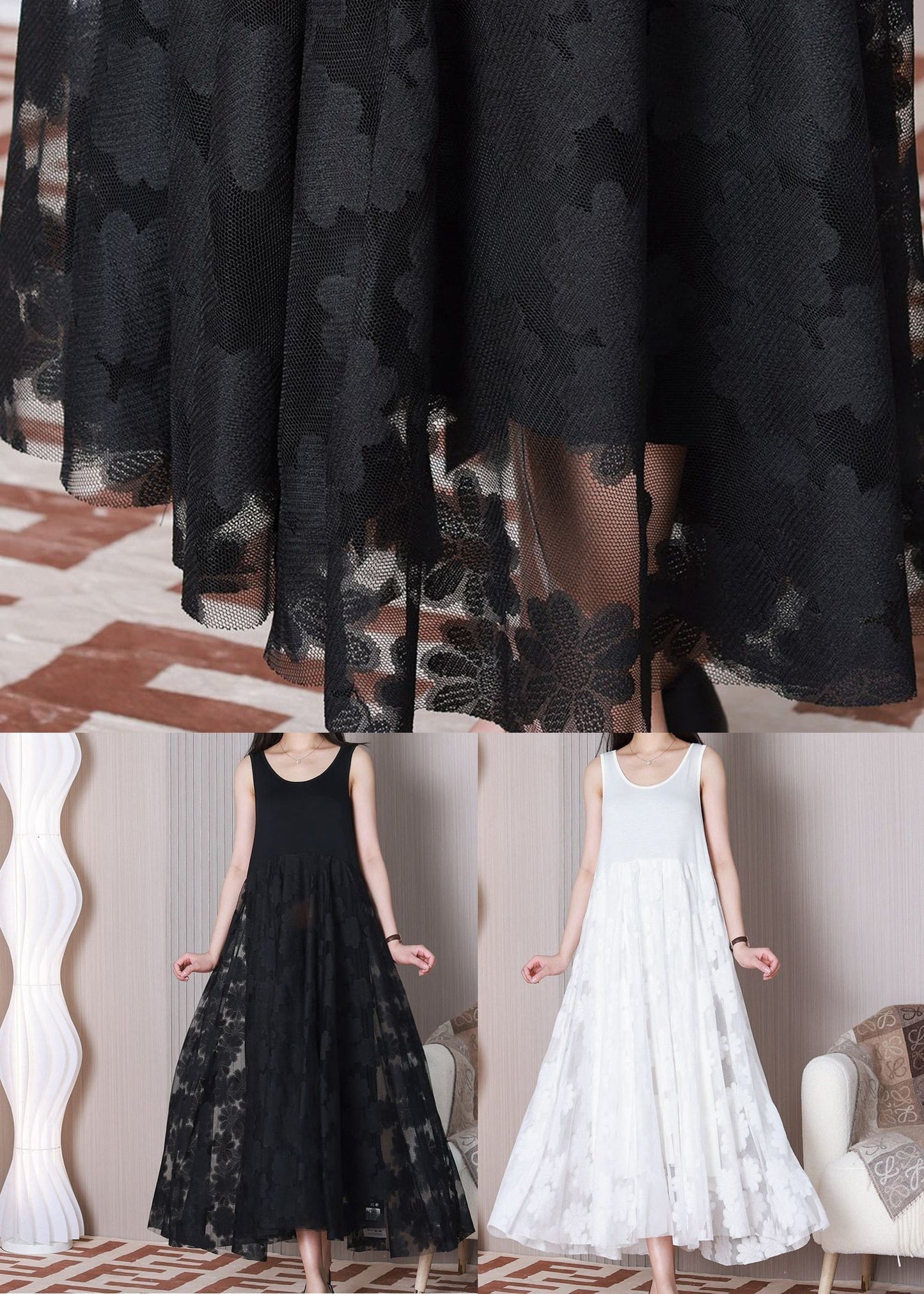 White O-neck Patchwork Lace Ankle Dress Sleeveless