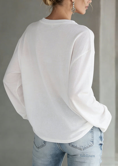 Casual White O Neck Print Cotton T Shirt Top Spring