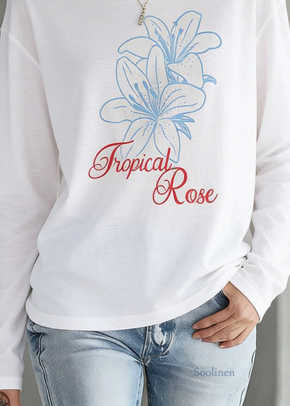 Casual White O Neck Print Cotton T Shirt Top Spring