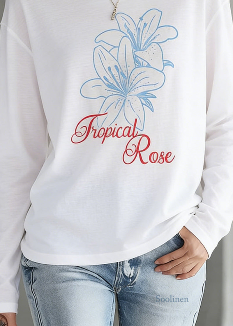 White O Neck Print Cotton T Shirt Top Spring