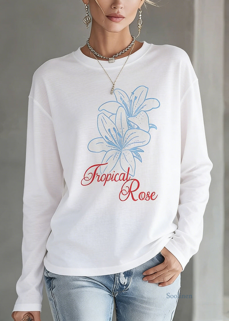 White O Neck Print Cotton T Shirt Top Spring