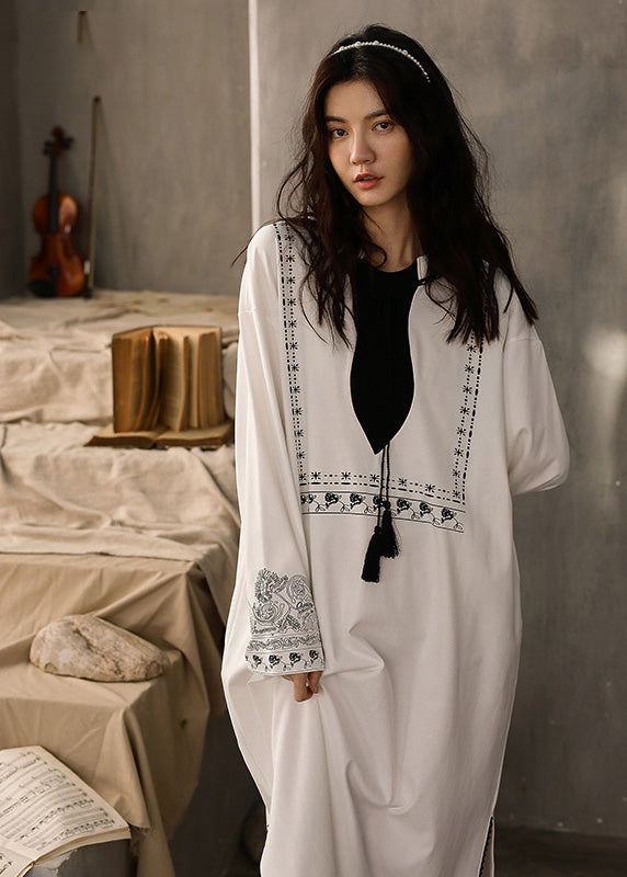 White O-neck Print Side Open Cotton Long Dress Spring