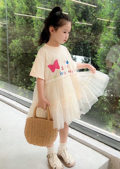White O Neck Ruffled Patchwork Tulle Kids Dresses Summer