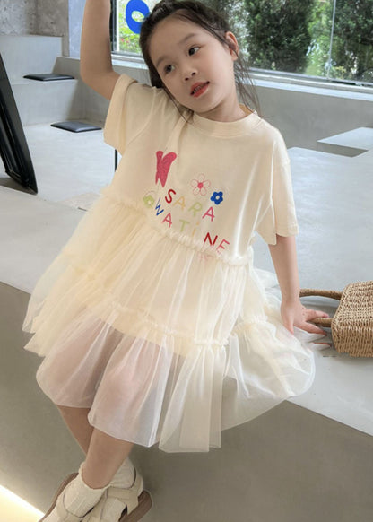 White O Neck Ruffled Patchwork Tulle Kids Dresses Summer