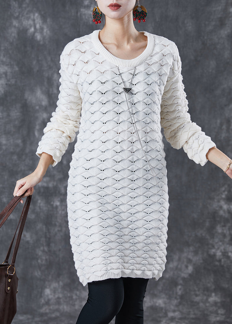 White O-neck Thick Knit Sweater Dress Winter