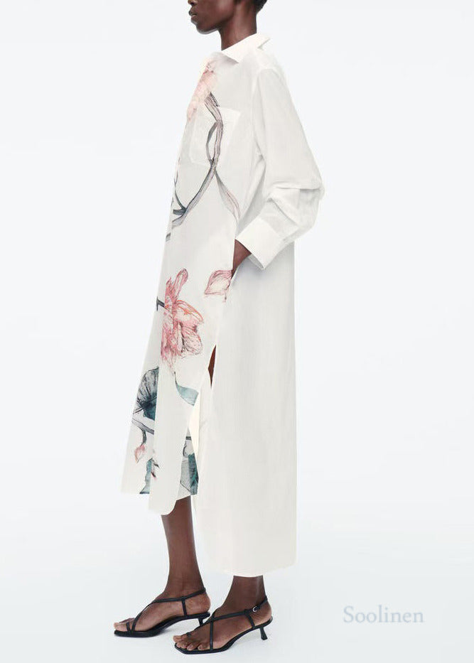 White Oversized Print Cotton Long Shirts Dresses Fall
