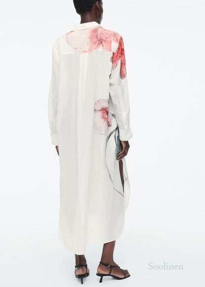 White Oversized Print Cotton Long Shirts Dresses Fall