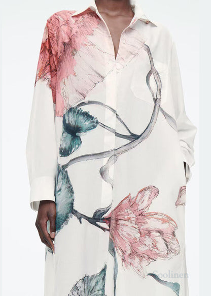 White Oversized Print Cotton Long Shirts Dresses Fall