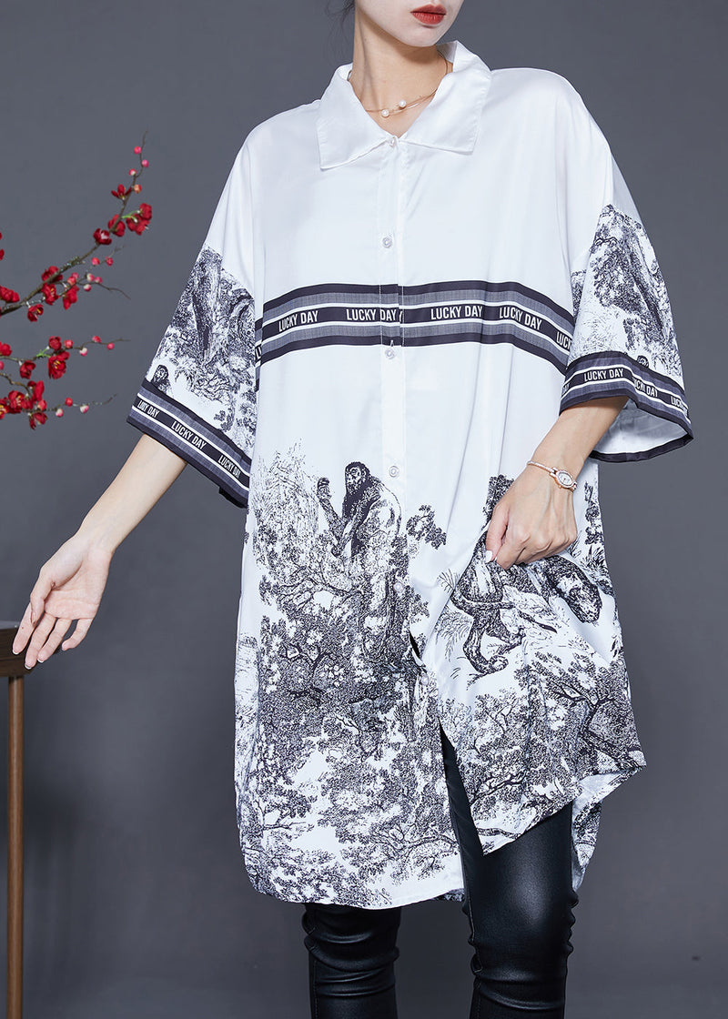 White Oversized Print Ice Silk Shirt Dress Summer