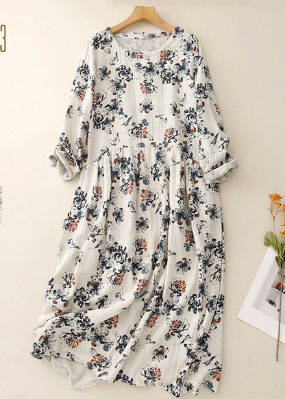 White Oversized Print Linen Maxi Dresses Spring