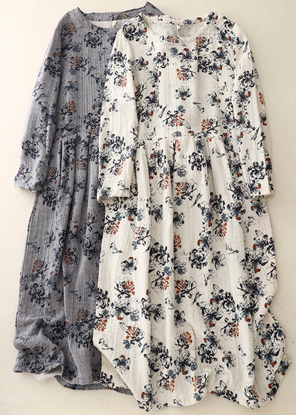 White Oversized Print Linen Maxi Dresses Spring