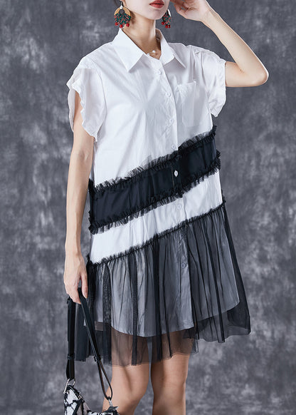 White Peter Pan Collar Patchwork Cotton Day Dress Petal Sleeve