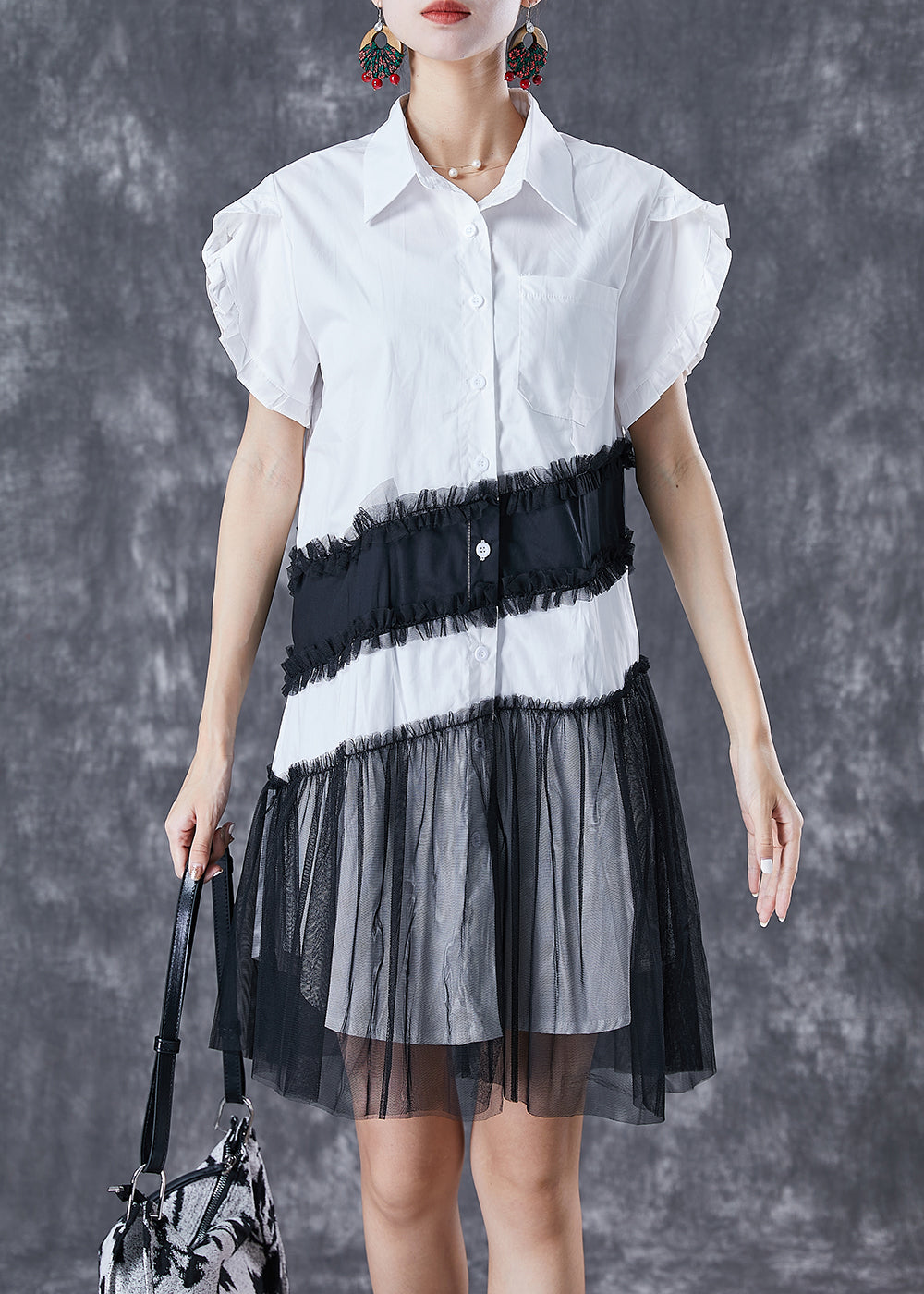 White Peter Pan Collar Patchwork Cotton Day Dress Petal Sleeve