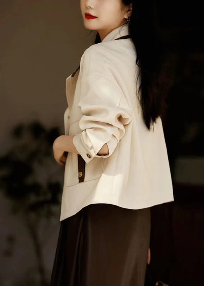 White Peter Pan Collar Patchwork Pockets Cotton Coats Fall