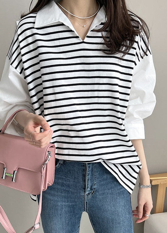 White Peter Pan Collar Patchwork Striped Cotton Shirt Tops Half Sleeve