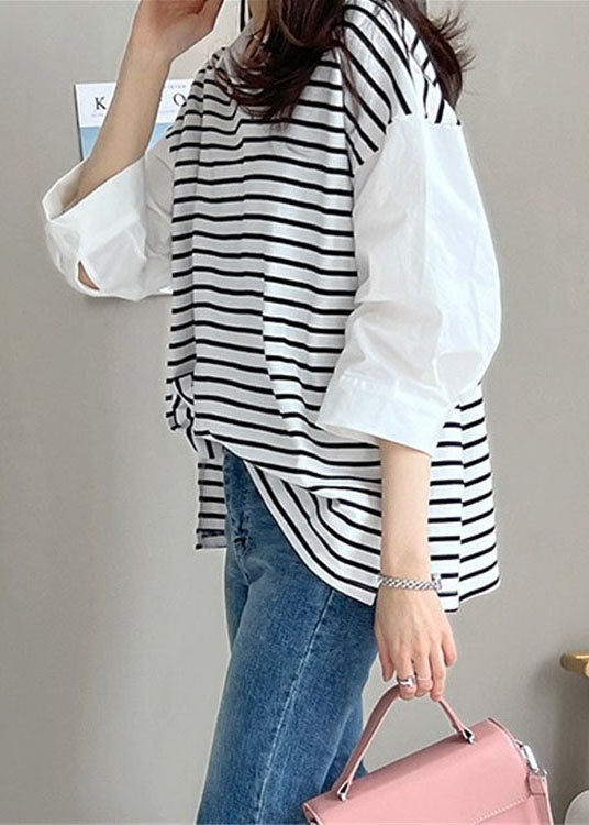 White Peter Pan Collar Patchwork Striped Cotton Shirt Tops Half Sleeve