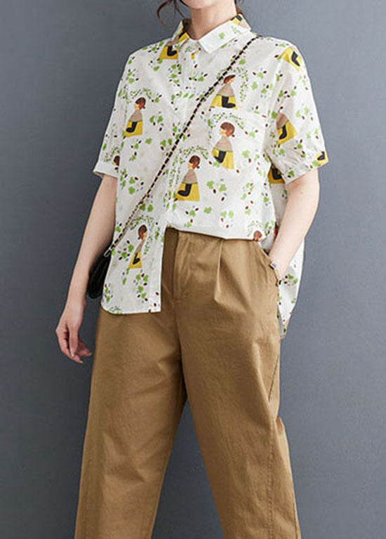 White Peter Pan Collar Print Patchwork Cotton Shirt Summer